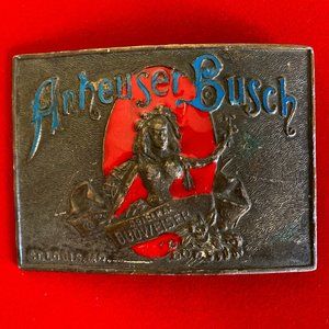 Vintage Brass Belt Buckle Anheuser Busch Budweiser Beer 1970s Sexy Woman Breasts